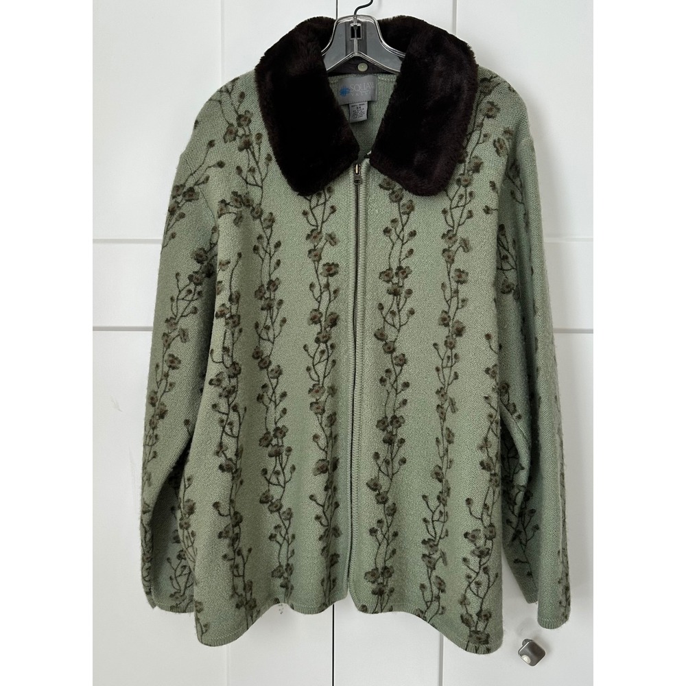 Squaw Valley Vintage 100% Wool Full Zip Floral Cardigan Faux Fur Collar Sage 3X